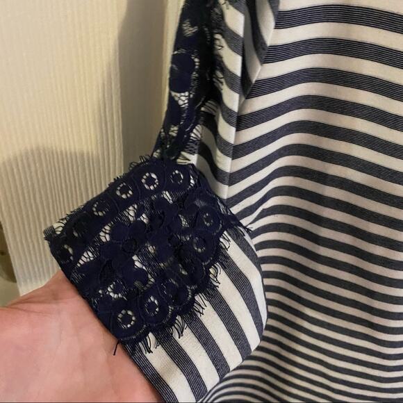 Eliza J Striped Navy & White Zipper Back Shift Dress w/ Lace Detail Size 14 - Picture 3 of 8